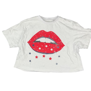 Chemistry Crop‎ Top T-Shirt Lips Stars Jewels Women’s Size XL Cotton White Red